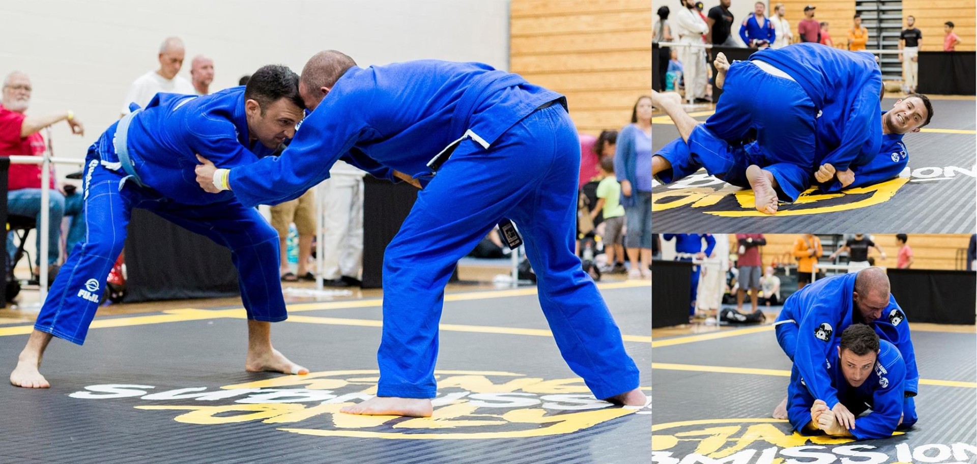 Jiu-jitsu athletes competing in a tournament collage
